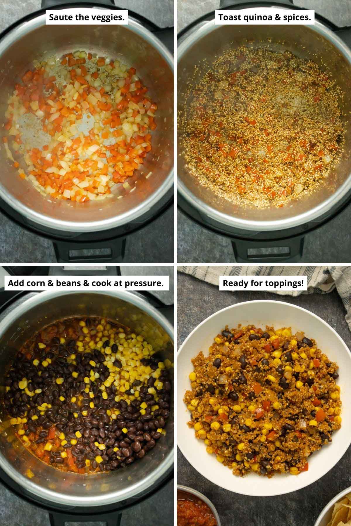 image collage showing the sautéed veggies in the pot, toasting the quinoa and spices, adding the corn and beans, and the cooked quinoa mixture in a bowl