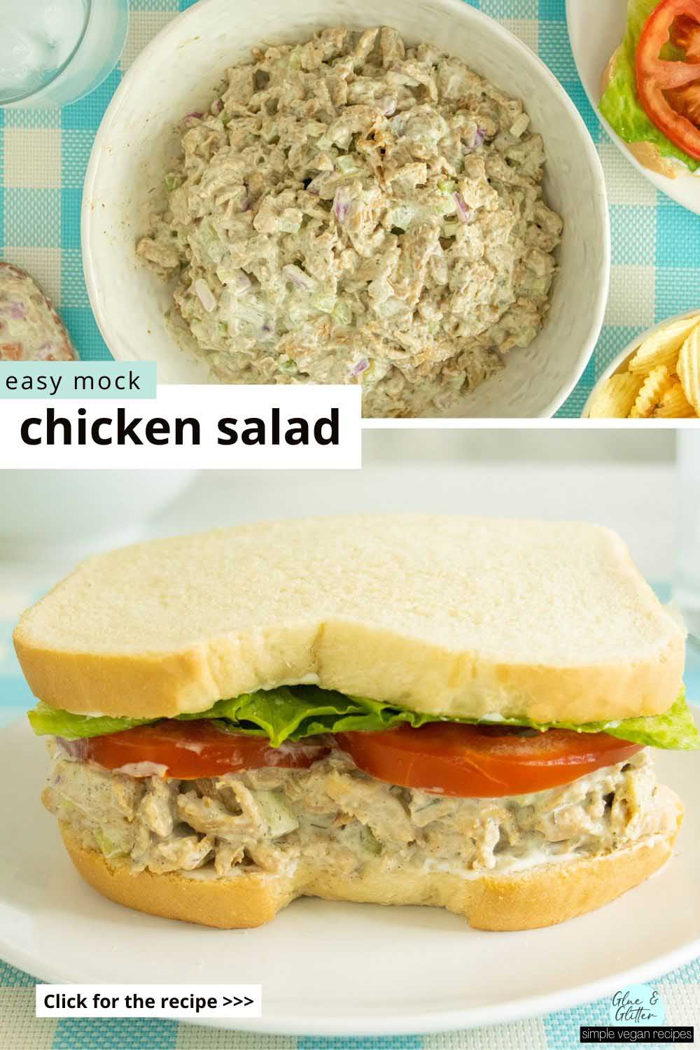 image collage of the vegan chicken salad in a bowl and a mock chicken salad sandwich with lettuce and tomato