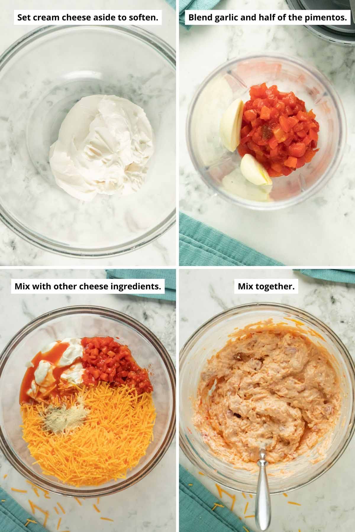 image collage showing a mixing bowl of vegan cream cheese, the garlic and pimentos in the blender, the rest of the pimento cheese ingredients in a bowl before and after mixing