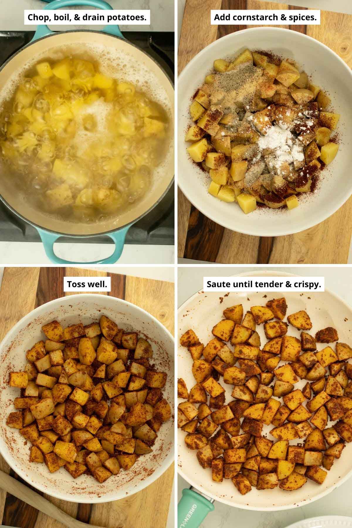 image collage showing the potatoes boiling in a pot, then in a bowl with the spices before and after mixing, and in the frying pan after sautéing