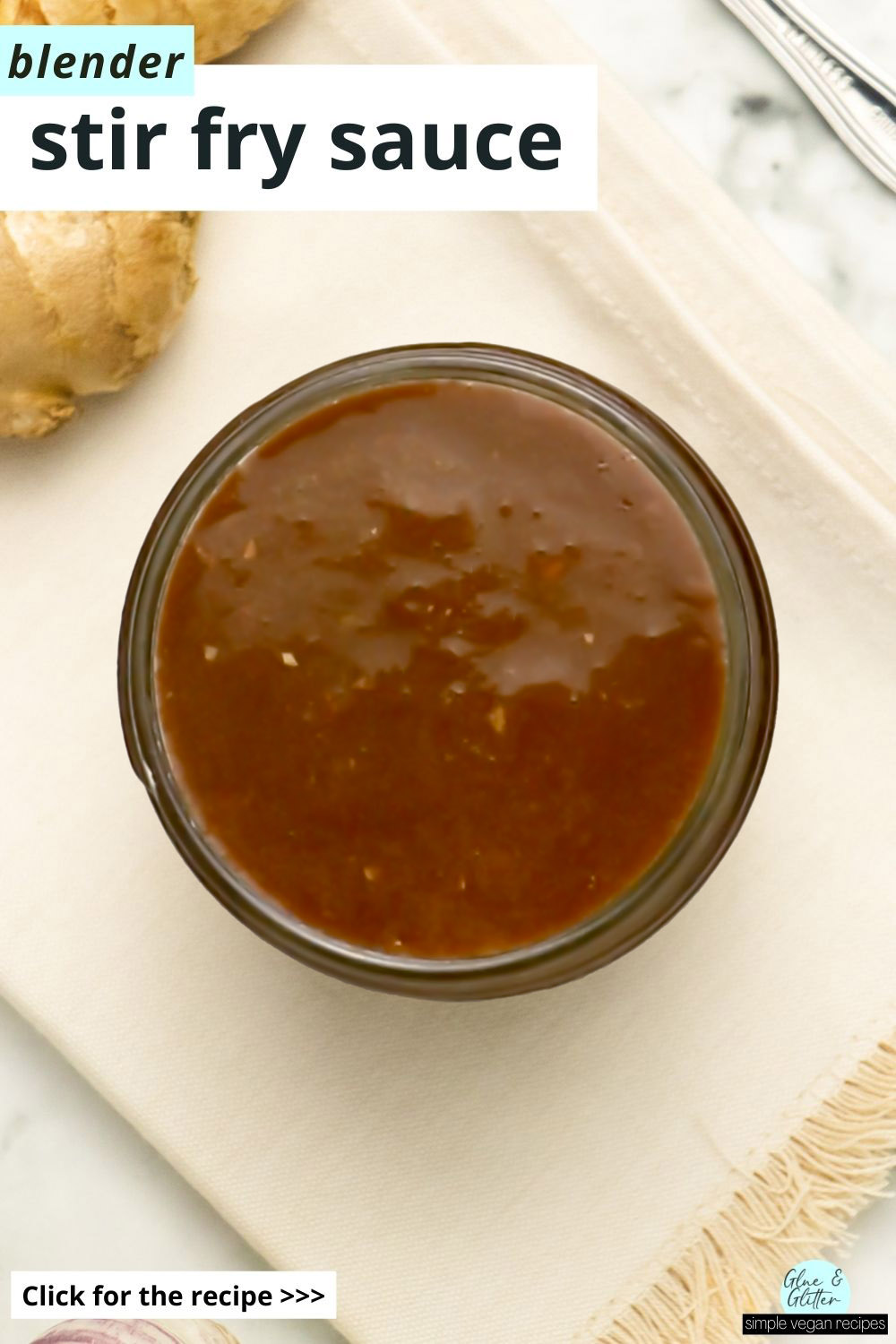 stir fry sauce without cornstarch in a mason jar on a white napkin, text overlay