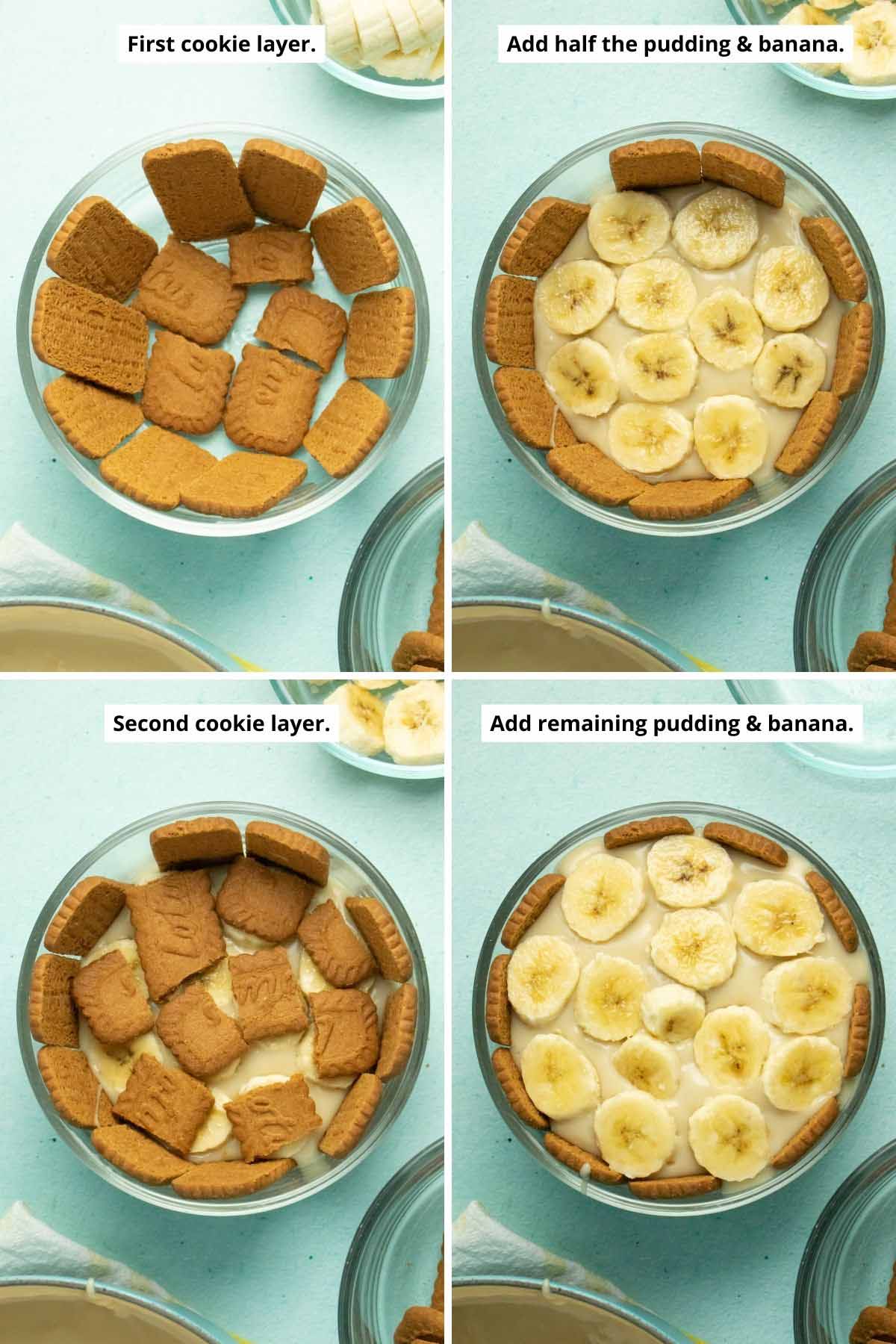 image collage showing how to layer the vegan banana pudding in the serving bowl