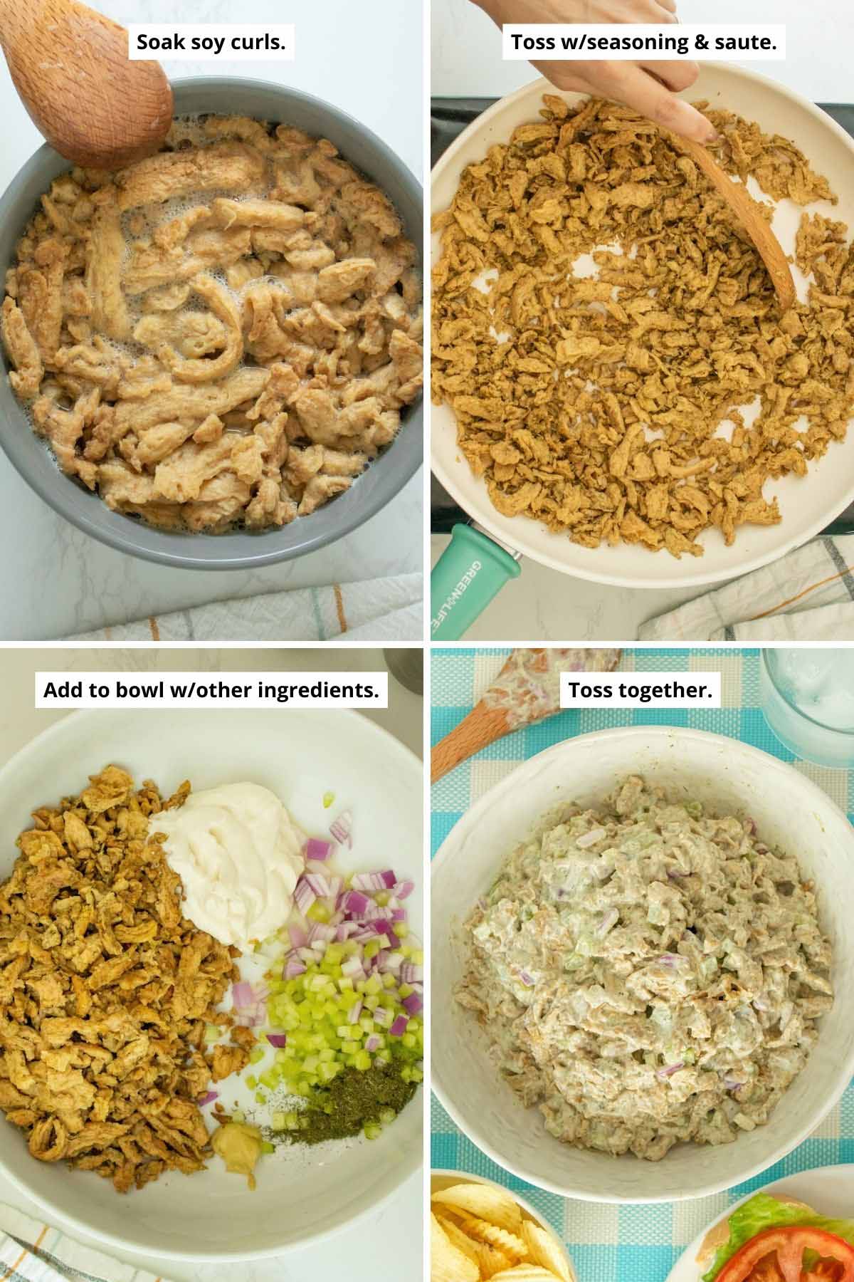 image collage showing soaking soy curls, sautéing them in a pan, the vegan chicken salad ingredients in the bowl before and after mixing