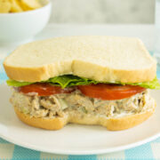 vegan chicken salad sandwich on a white plate