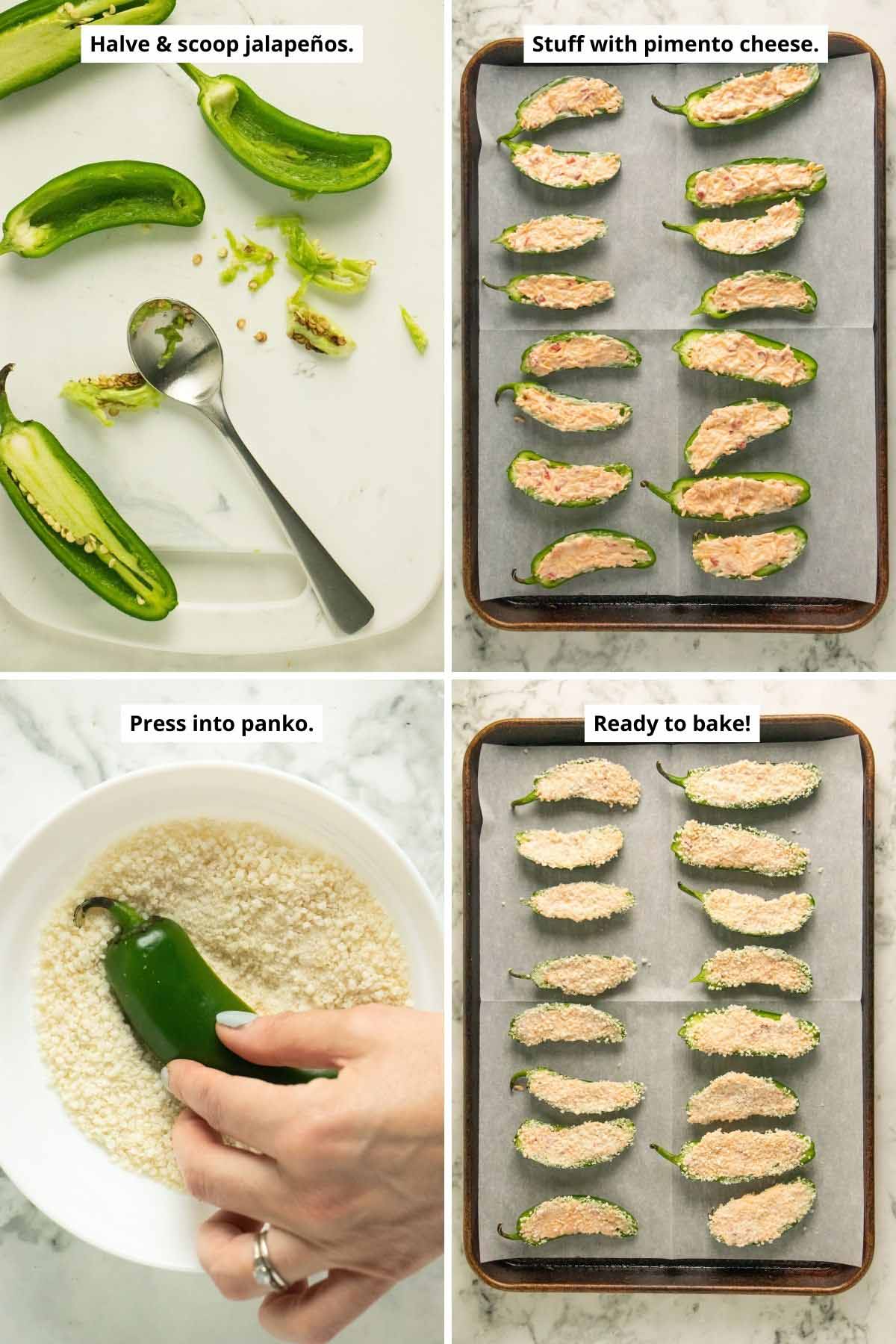 image collage of halving and scooping the jalapeños, the jalapeños stuffed, dipping the vegan stuffed jalapeños in panko, and the stuffed jalapeños ready to bake