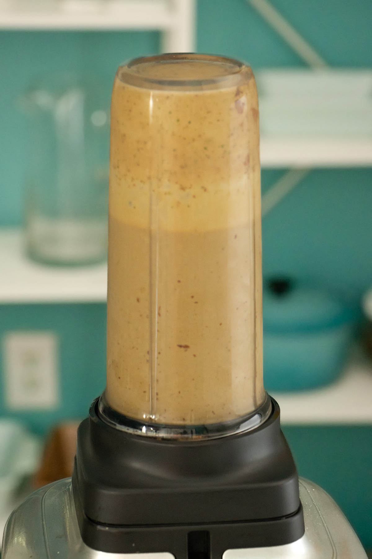 chocolate green smoothie in the blender after blending