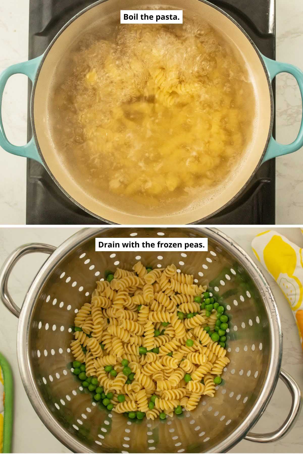 image collage of boiling the pasta and the drained pasta and peas in the colander