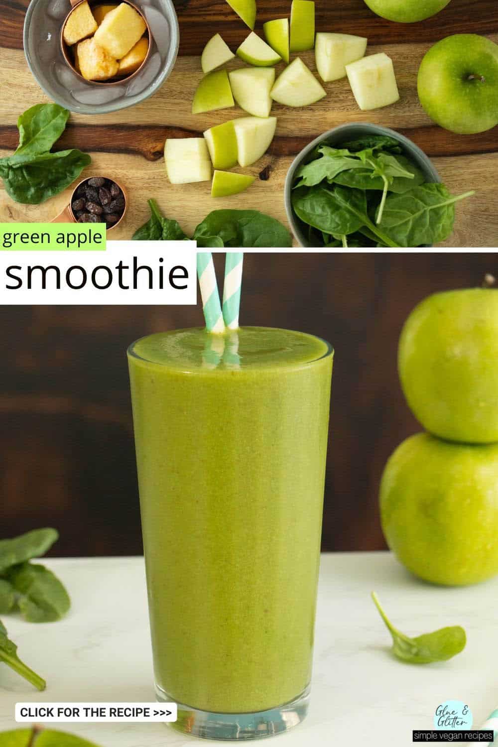 image collage showing the green apple smoothie ingredients and the blended smoothie