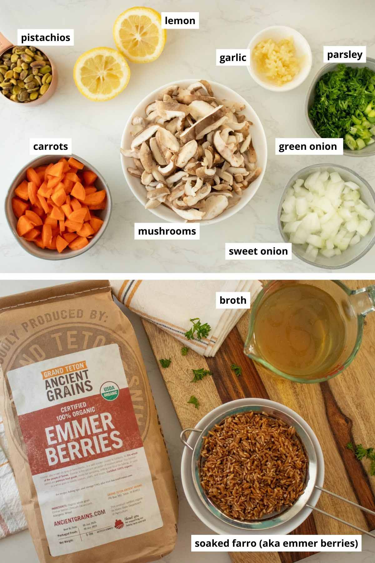veggies, pistachios, seasonings, broth, and farro in bowls with text labels on each ingredient