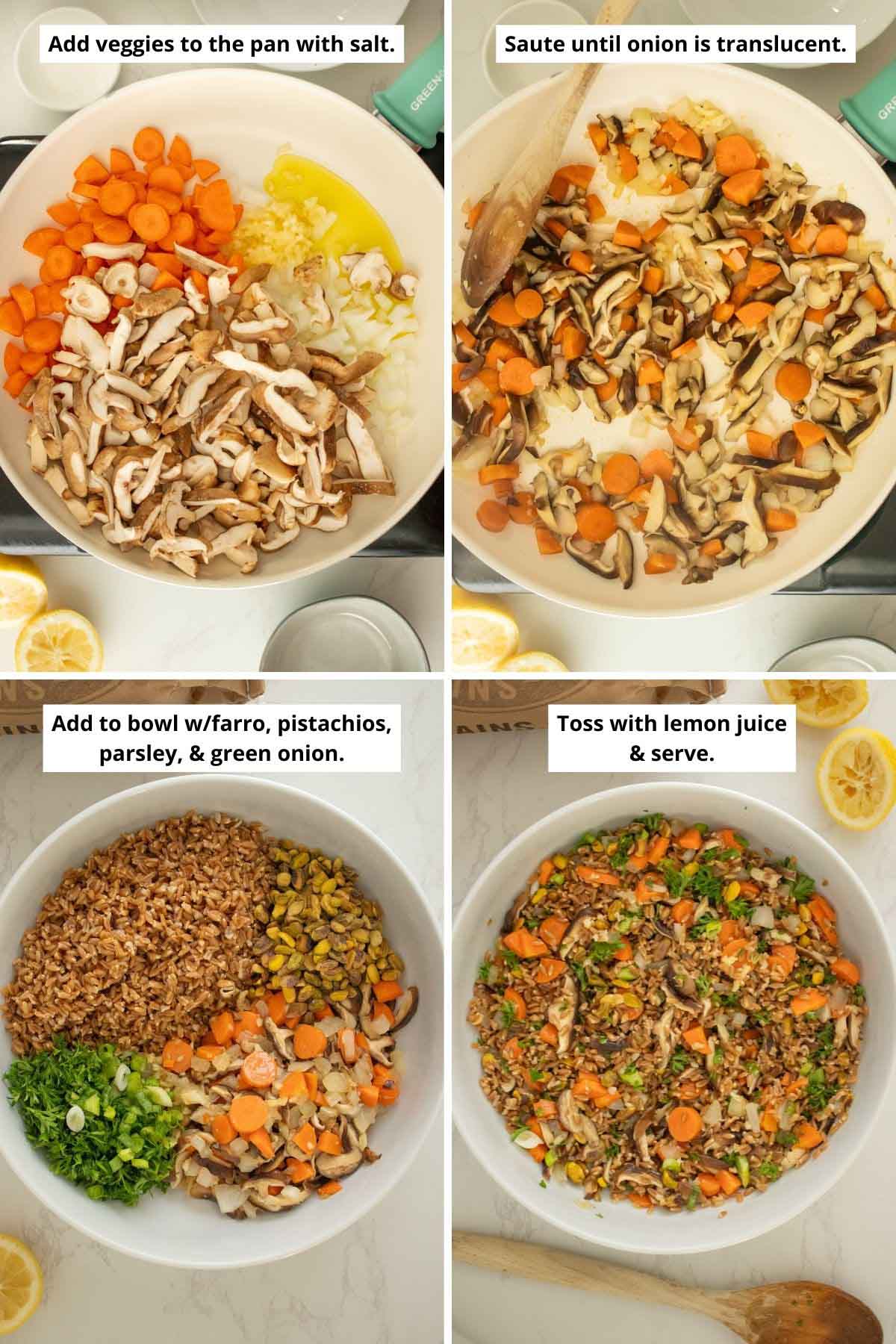 image collage showing veggies in the pan before and after cooking and the pilaf ingredients in a bowl before and after mixing together