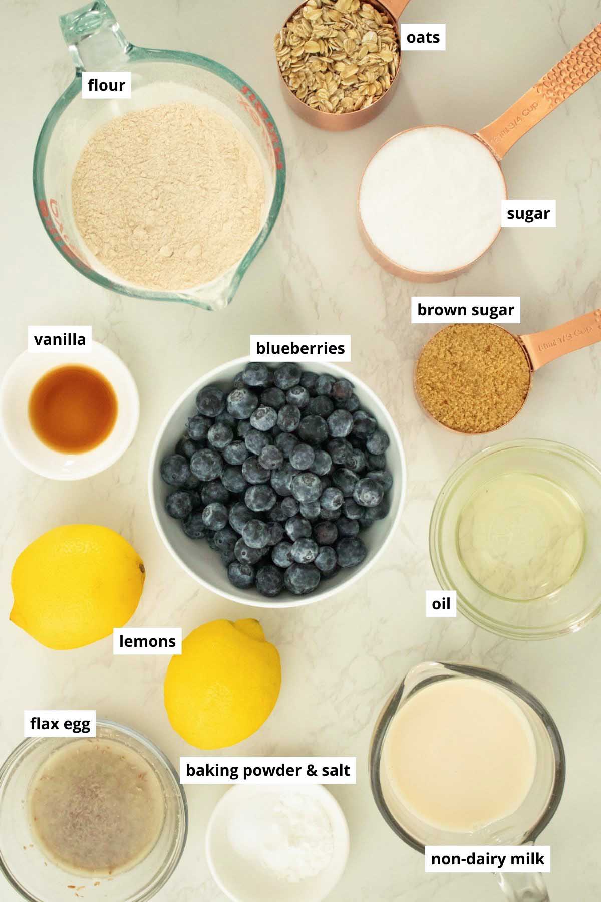 blueberries, lemons, flour, and other muffin ingredients in bowls on a white table