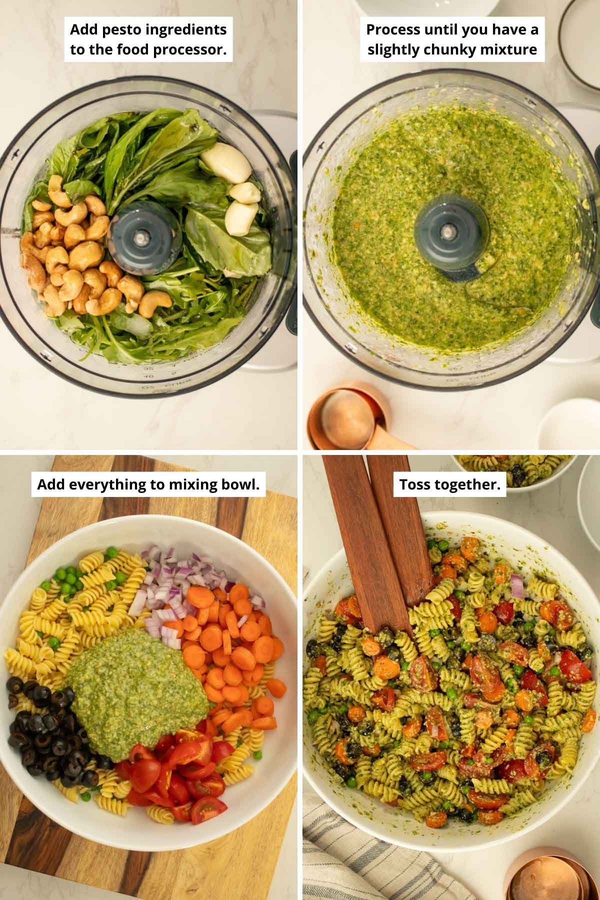 image collage of the pesto before and after blending and the pesto pasta salad before and after mixing the ingredients together