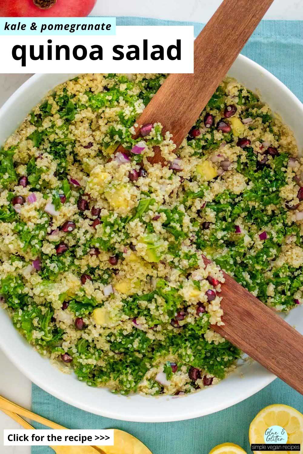 serving bowl of quinoa salad with kale and pomegranate seeds, text overlay