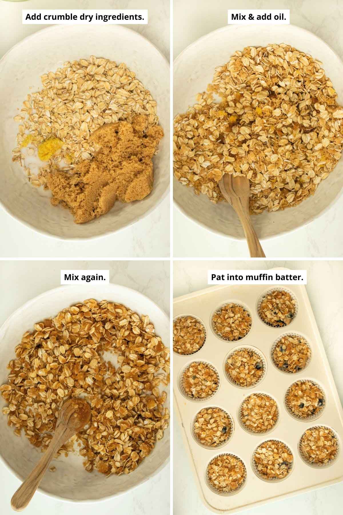 image collage showing making the oat crumble and the crumble on top of the batter in the muffin tin