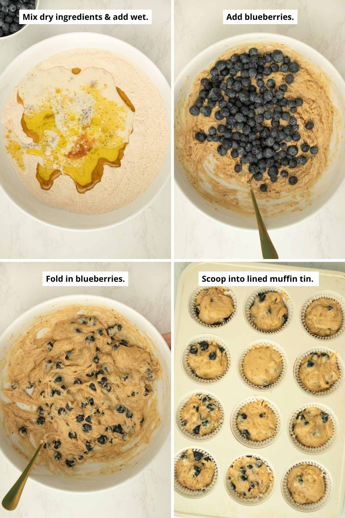 image collage showing adding the wet ingredients to the dry, adding the blueberries to the batter before and after mixing, and the batter in the muffin pan