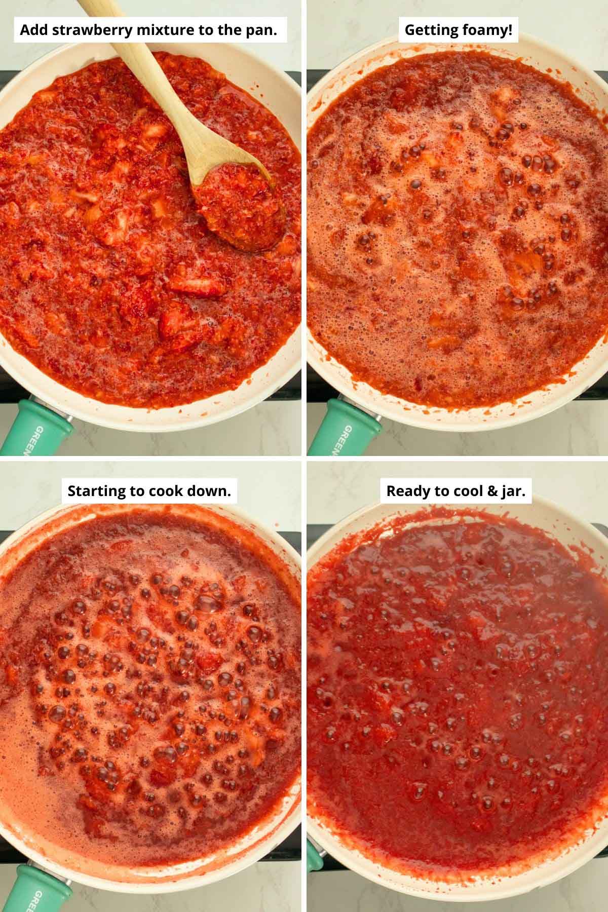 image collage showing the strawberry mixture in the pan at different stages of cooking