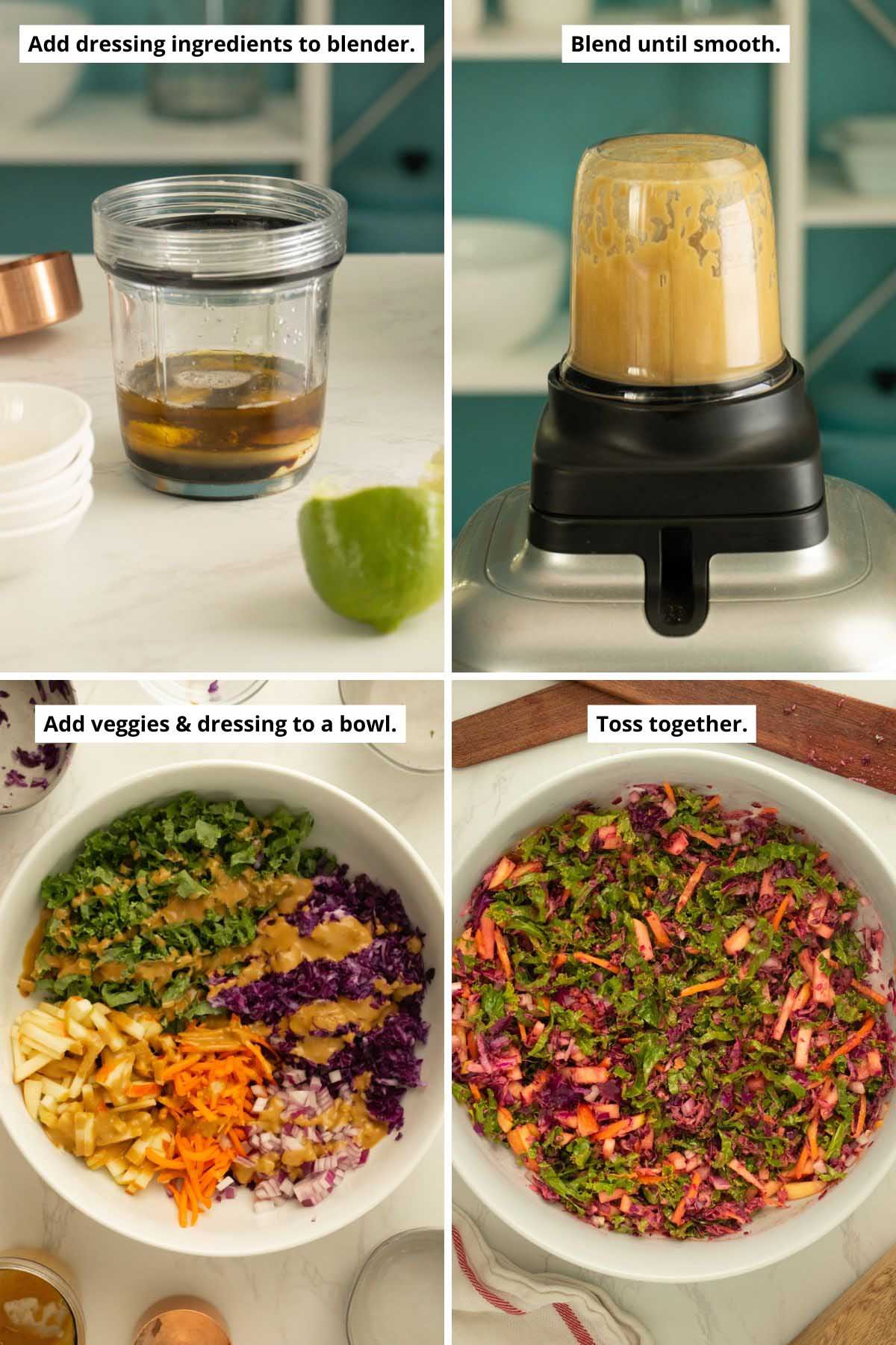image collage showing balsamic ginger dressing in the blender, before and after dressing and the salad ingredients in the serving bowl, before and after tossing together
