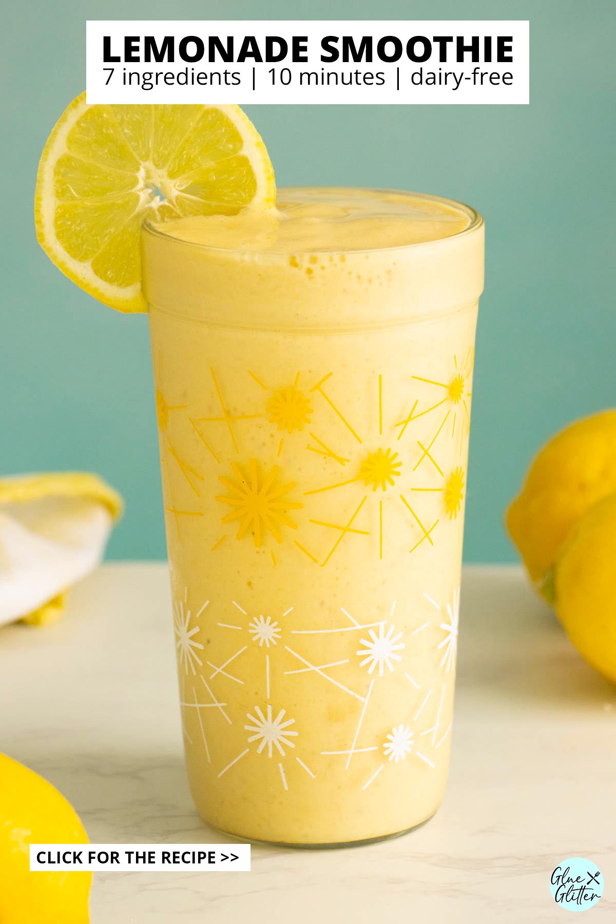 lemon smoothie in a glass with a lemon wheel, text overlay