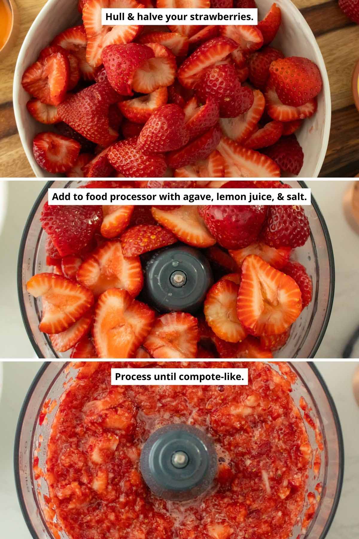 image collage showing hulled strawberries and freezer jam ingredients in the food processor before and after running it