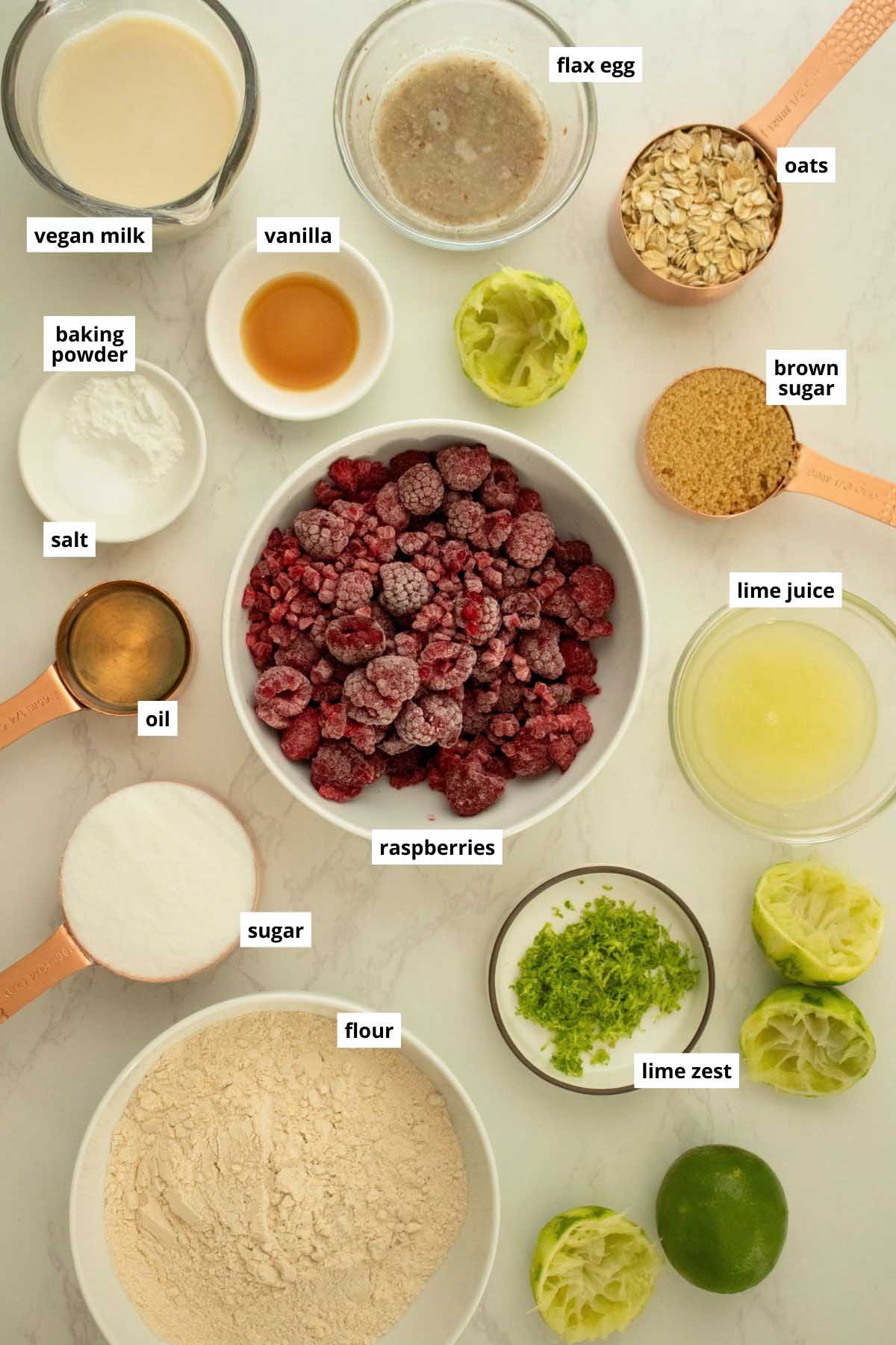 image collage showing raspberries, lime juice and zest, and other muffin ingredients in bowls on a white table