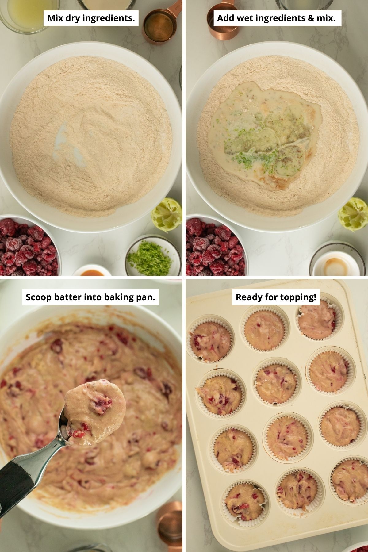 image collage showing mixed dry ingredients and adding wet to dry, scooping the mixed batter with an ice cream scoop and the unbaked batter in the muffin pan