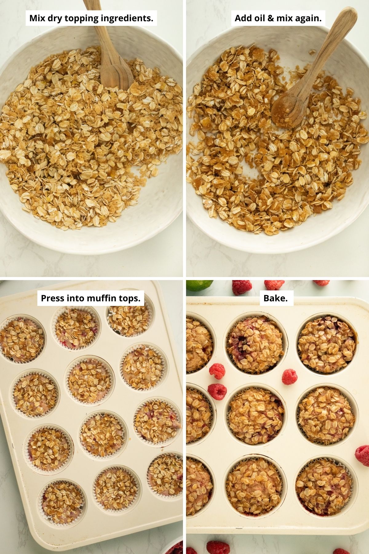 image collage showing oat crumble ingredients mixed before and after adding oil, and the crumble on top of the muffins before and after baking