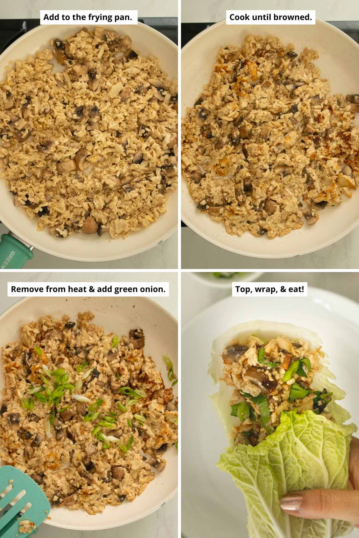 image collage showing the filling in the pan before and after cooking, adding the green onion, and a hand holding the stuffed piece of Napa cabbage