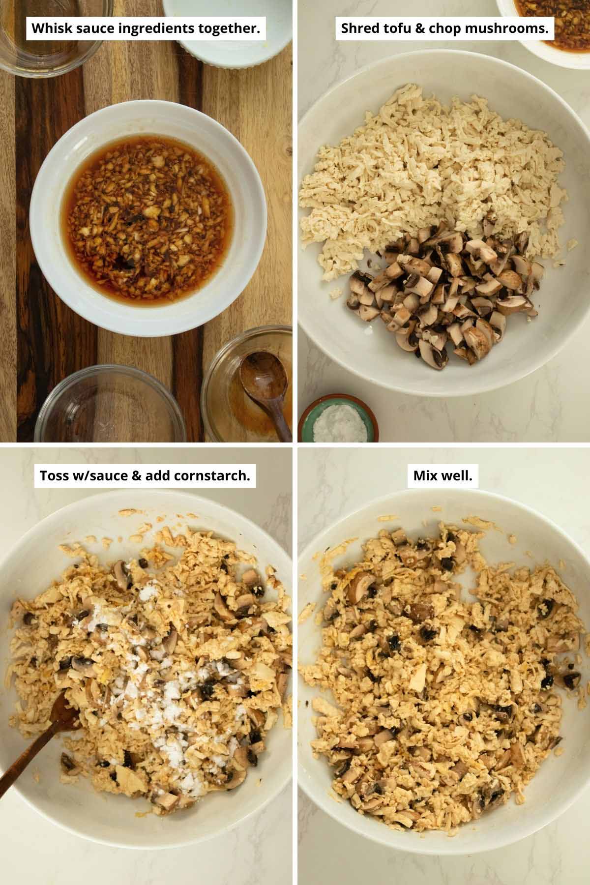 image collage showing the sauce mixed together, the tofu and mushrooms in a mixing bowl before and after mixing in the cornstarch