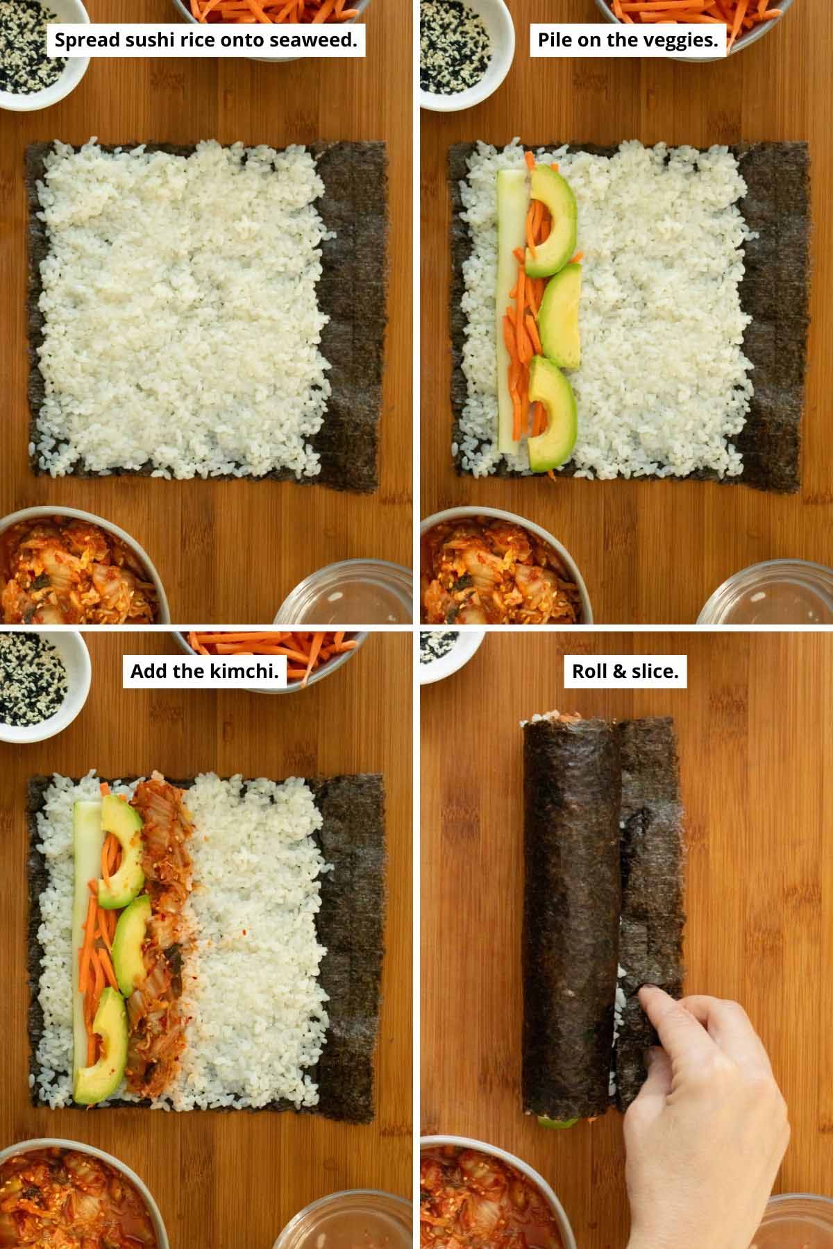 image collage showing the cooked sushi rice spread onto the nori sheet, adding the veggies, adding the kimchi, and rolling the sushi
