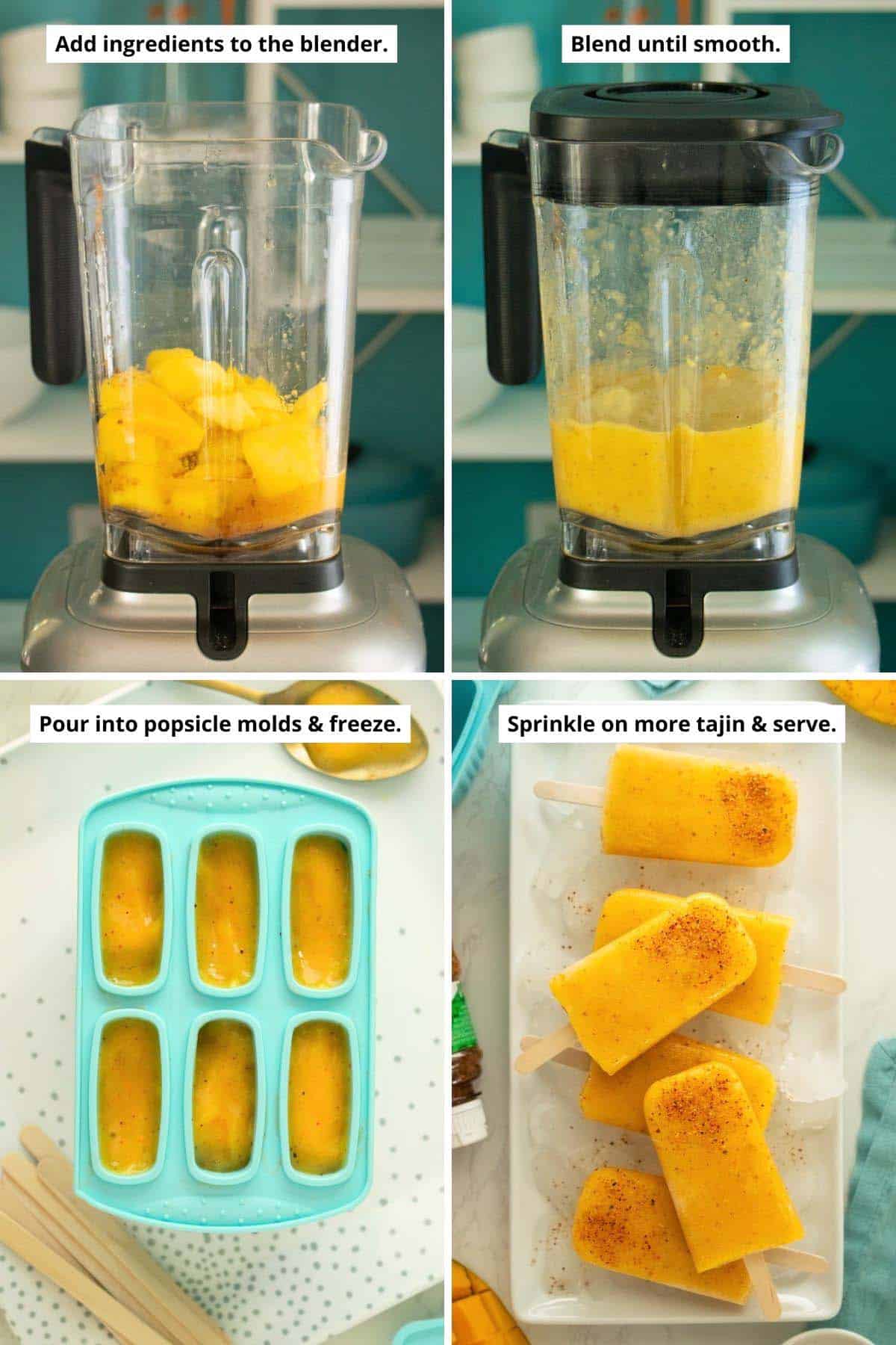 image collage showing popsicle ingredients in the blender before and after blending, then poured into popsicle molds, and the finished mango popsicles on a tray of ice