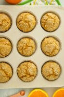 close-up of vegan orange muffins in the baking pan after baking