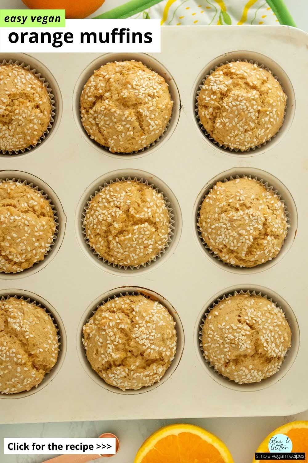 close-up of vegan orange muffins in the baking pan after baking, text overlay