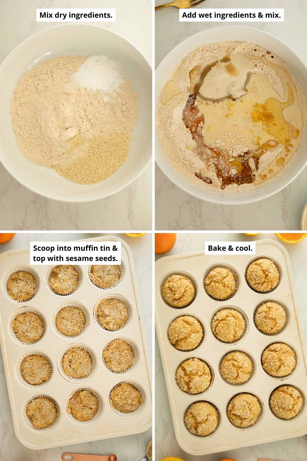 image collage showing adding the dry and wet ingredients to the mixing bowl and the muffins in the pan before and after baking