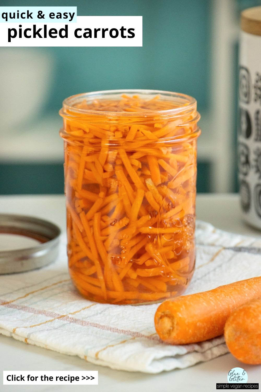 quick pickled carrots in a mason jar, text overlay