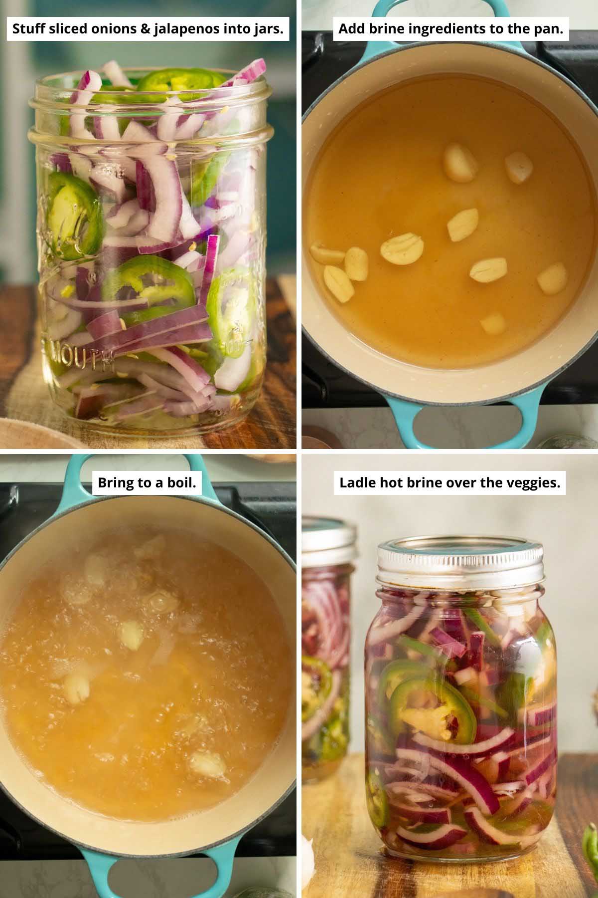 image collage showing red onions and jalapenos stuffed into jars, the brine in the saucepan before and after boiling, and the jars after pouring the brine over them