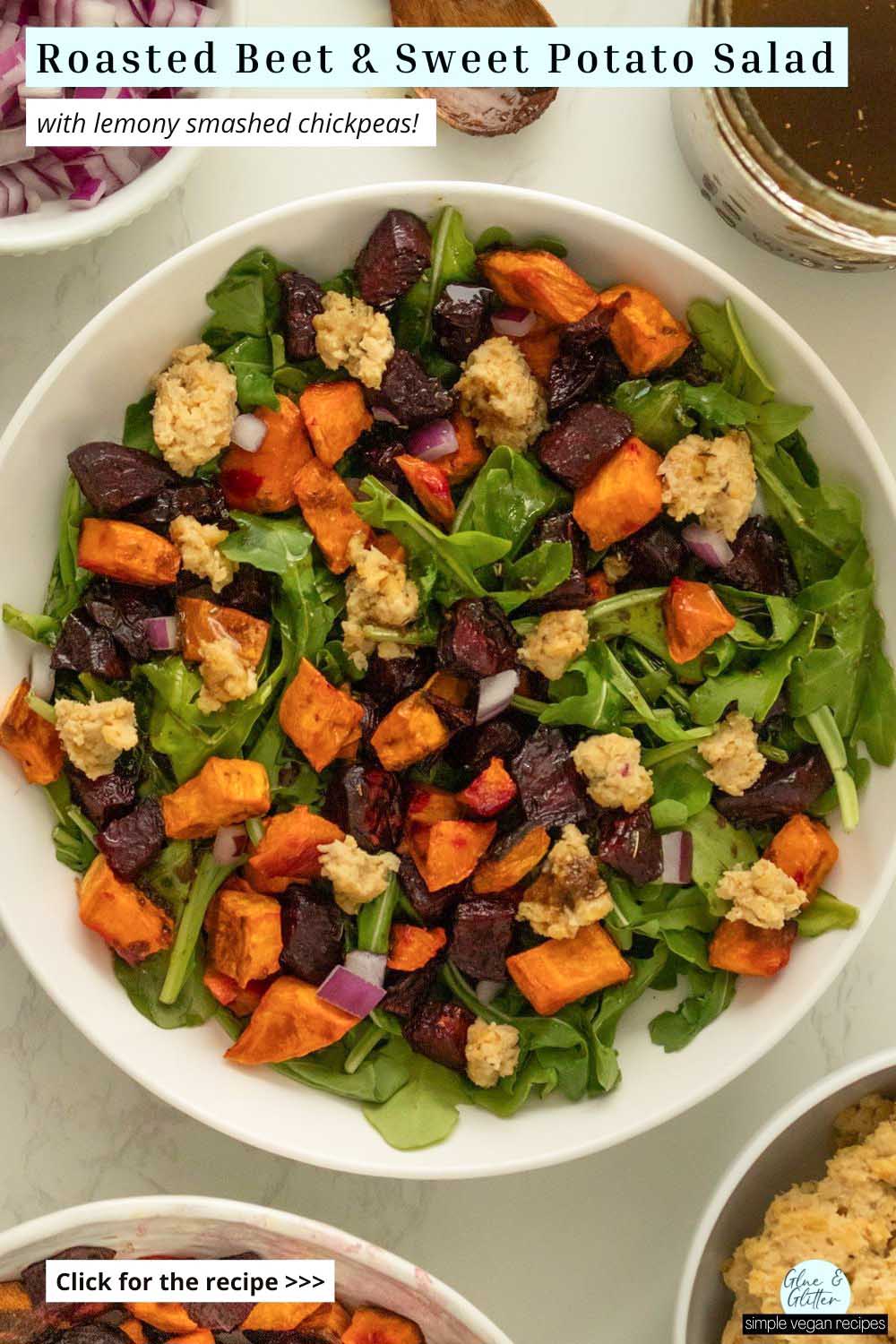 roasted beet and sweet potato salad with arugula and smashed chickpeas in a white bowl, text overlay
