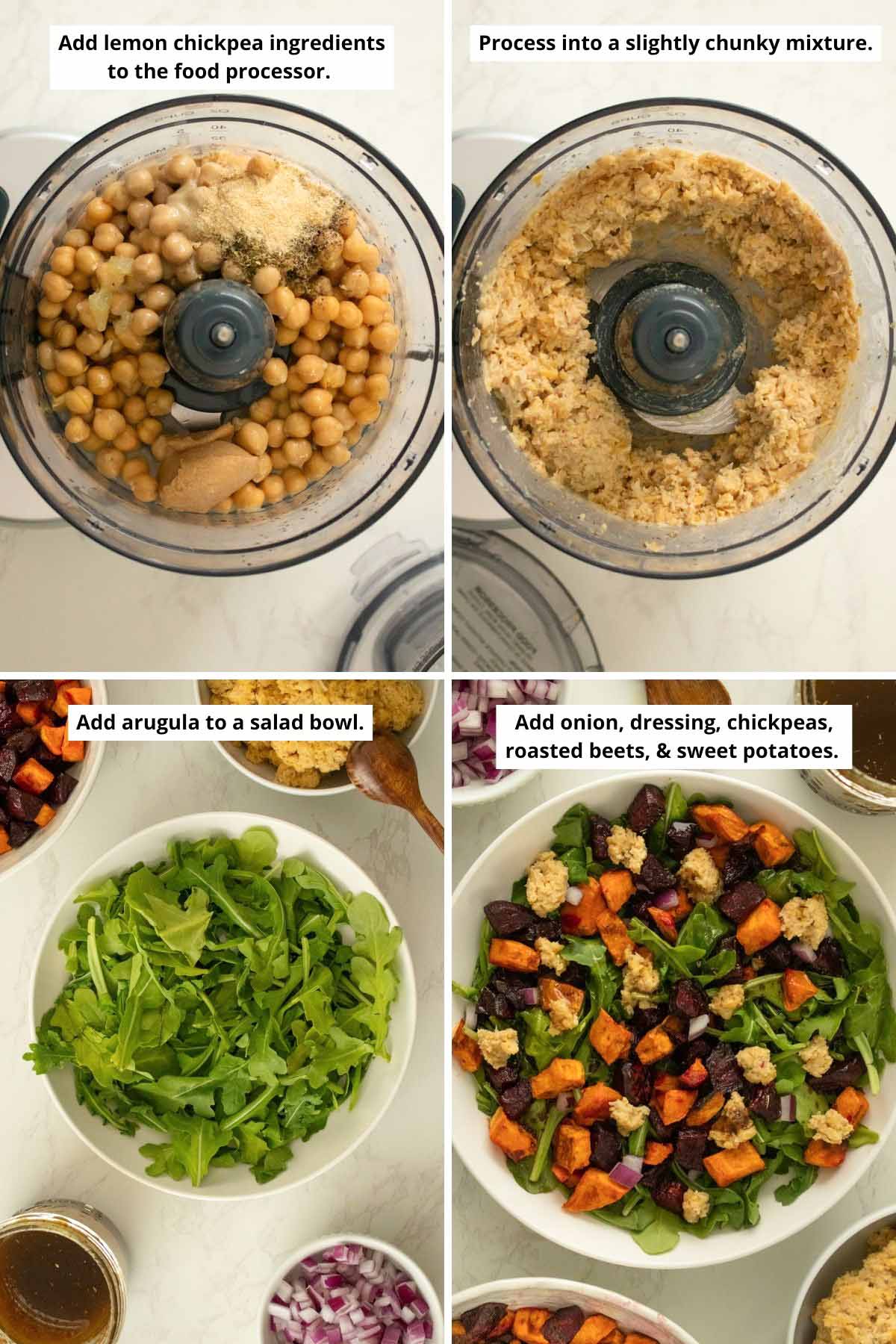 image collage showing the chickpea ingredients in the food processor before and after running it and the salad ingredients in separate bowls and after assembling