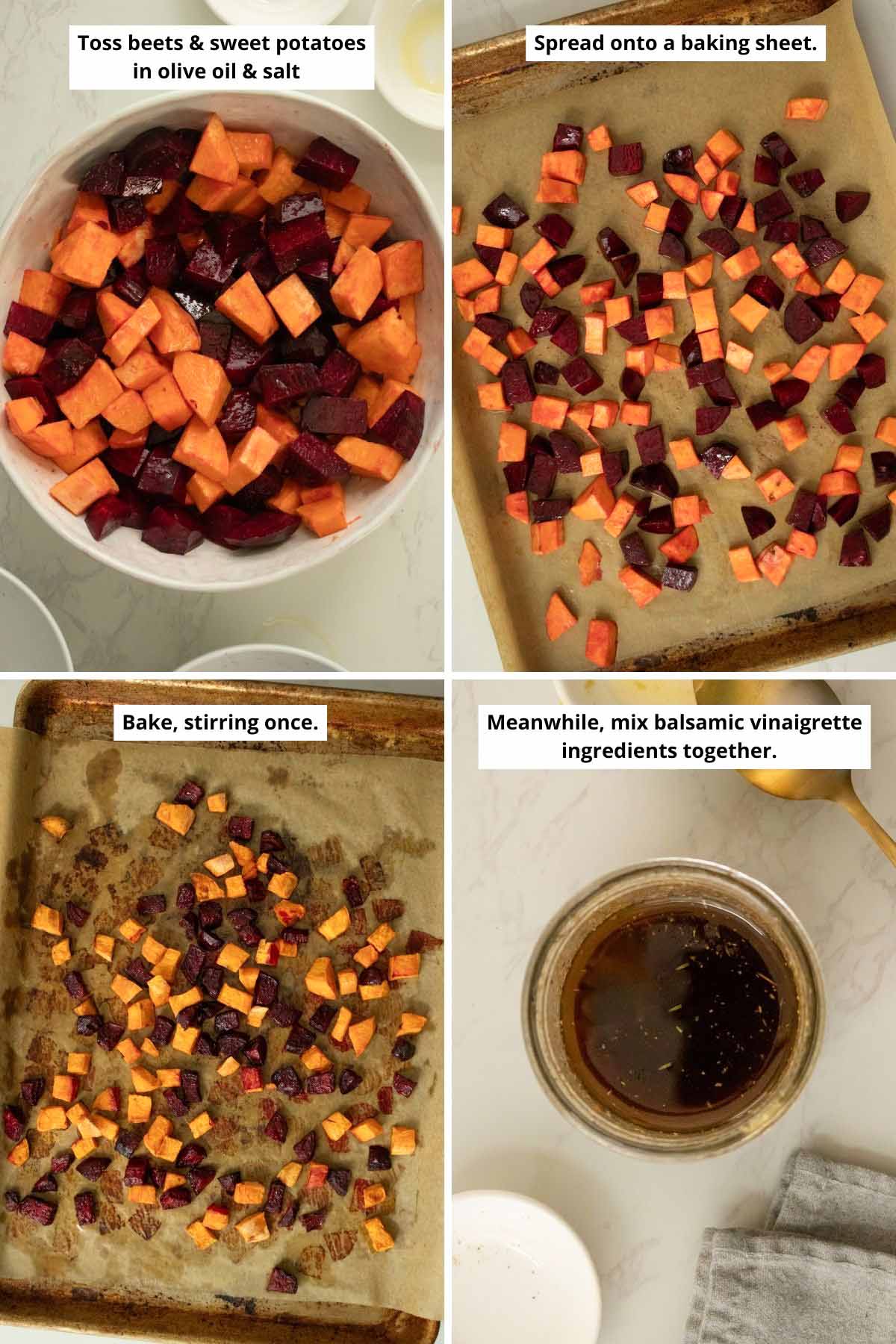 image collage showing beets and sweet potatoes in a bowl and spread onto the baking sheet before and after baking and the jar of vinaigrette