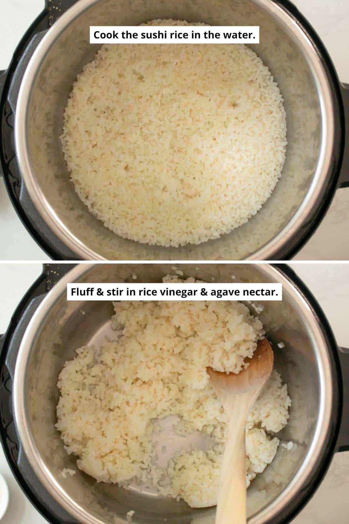 cooked sushi rice in the Instant Pot before and after adding agave and vinegar to it