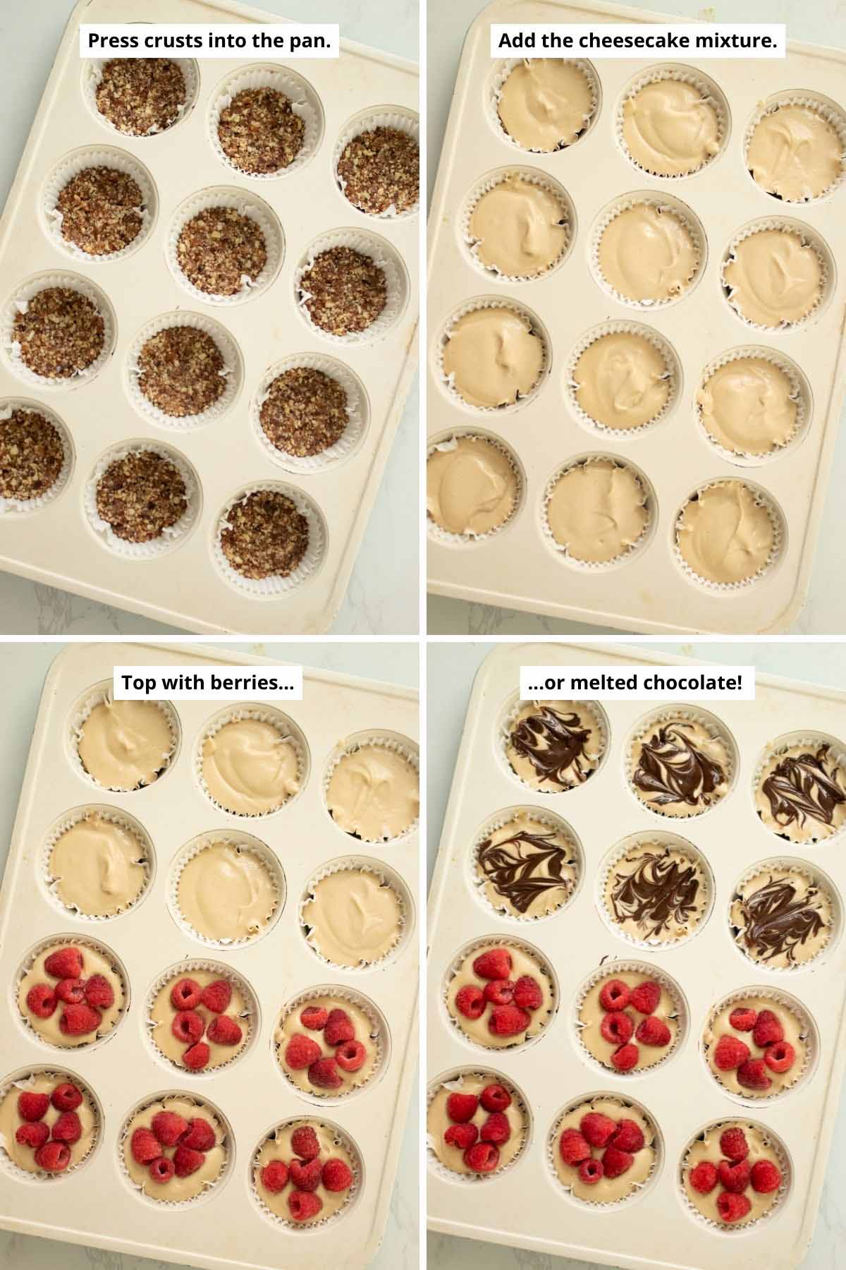 image collage showing the mini vegan cheesecake crusts in the muffin tin before and after adding the cheesecake mixture and adding berries and chocolate toppings