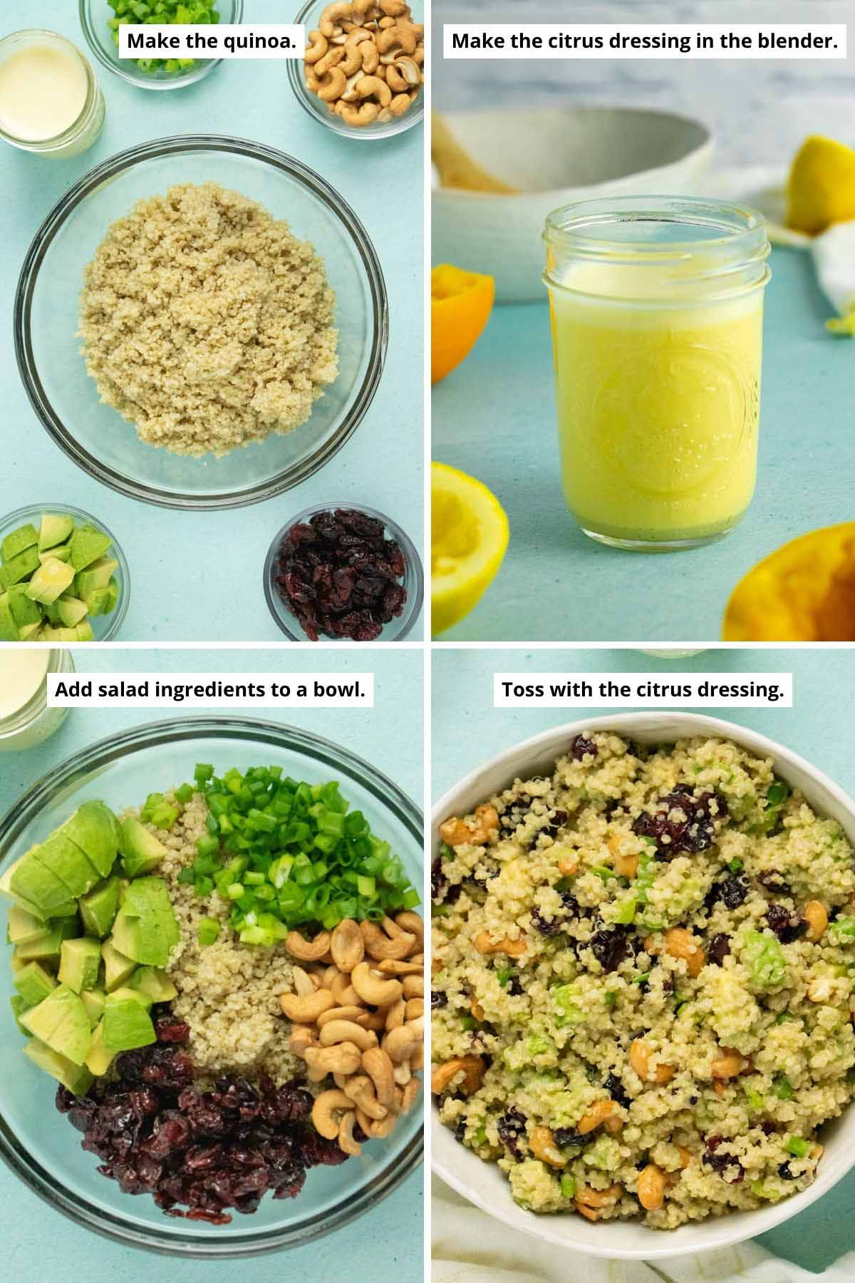 image collage showing the cooked quinoa, the citrus dressing, the salad ingredients, and the quinoa salad all tossed together