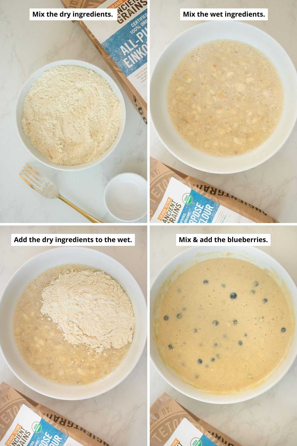 image collage showing the mixed dry ingredients, mixed wet ingredients, adding the wet ingredients to the dry, and the mixed batter with the blueberries added