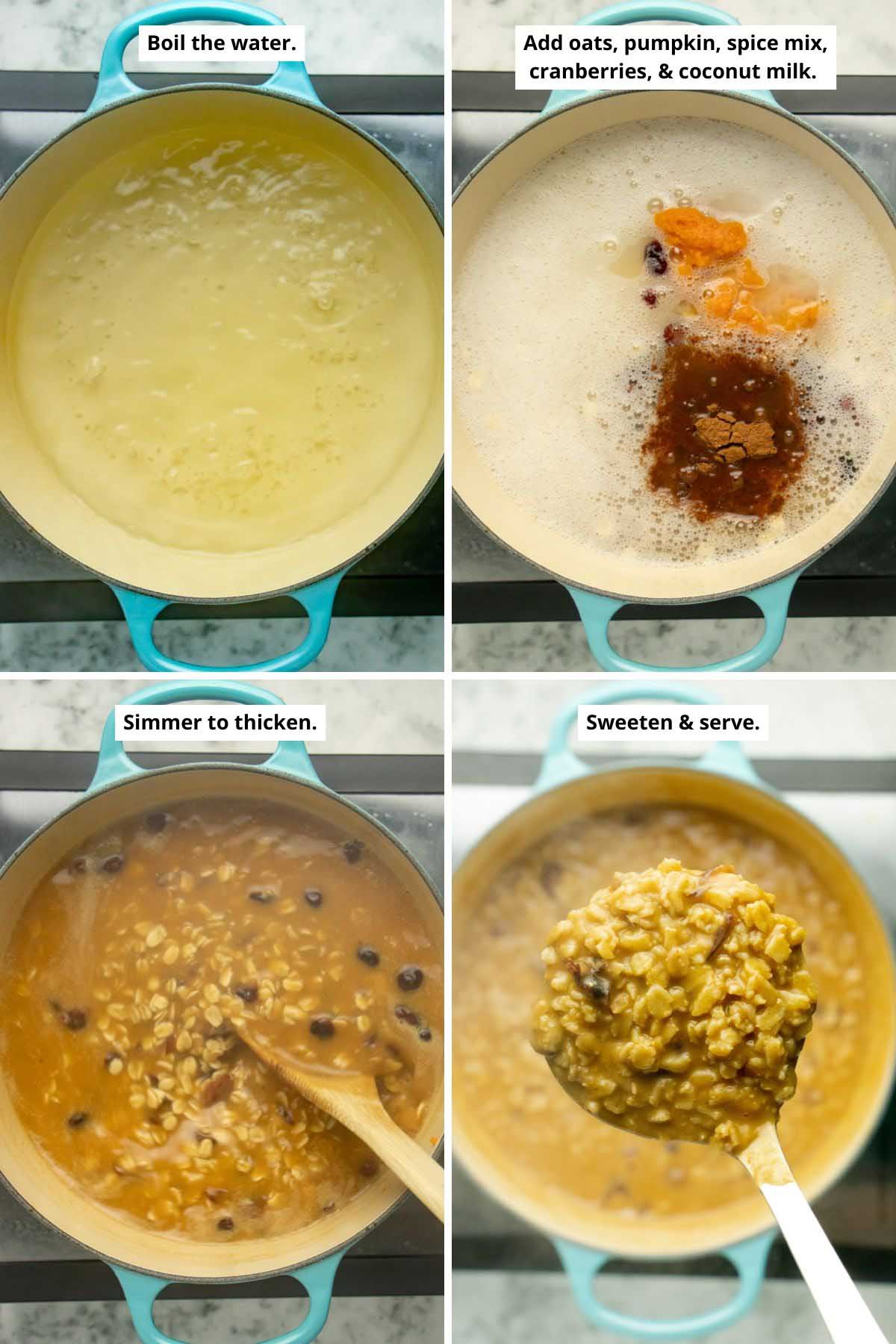 image collage showing boiling water, adding the oatmeal ingredients, the pumpkin oatmeal after thickening, and serving it with a ladle