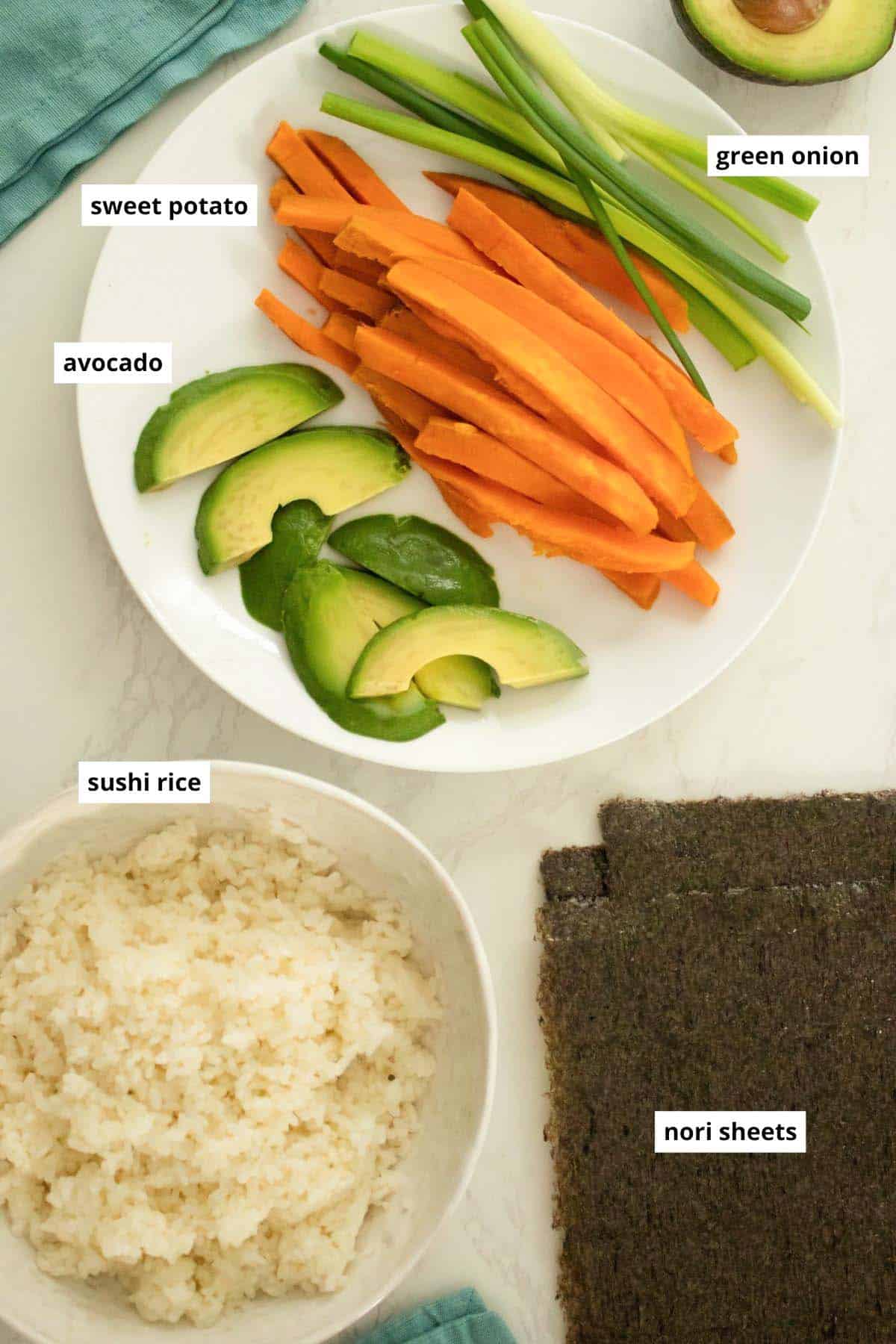sweet potato, avocado, green onion, cooked sushi rice, and sushi nori arranged on a white table with text labels on each ingredient
