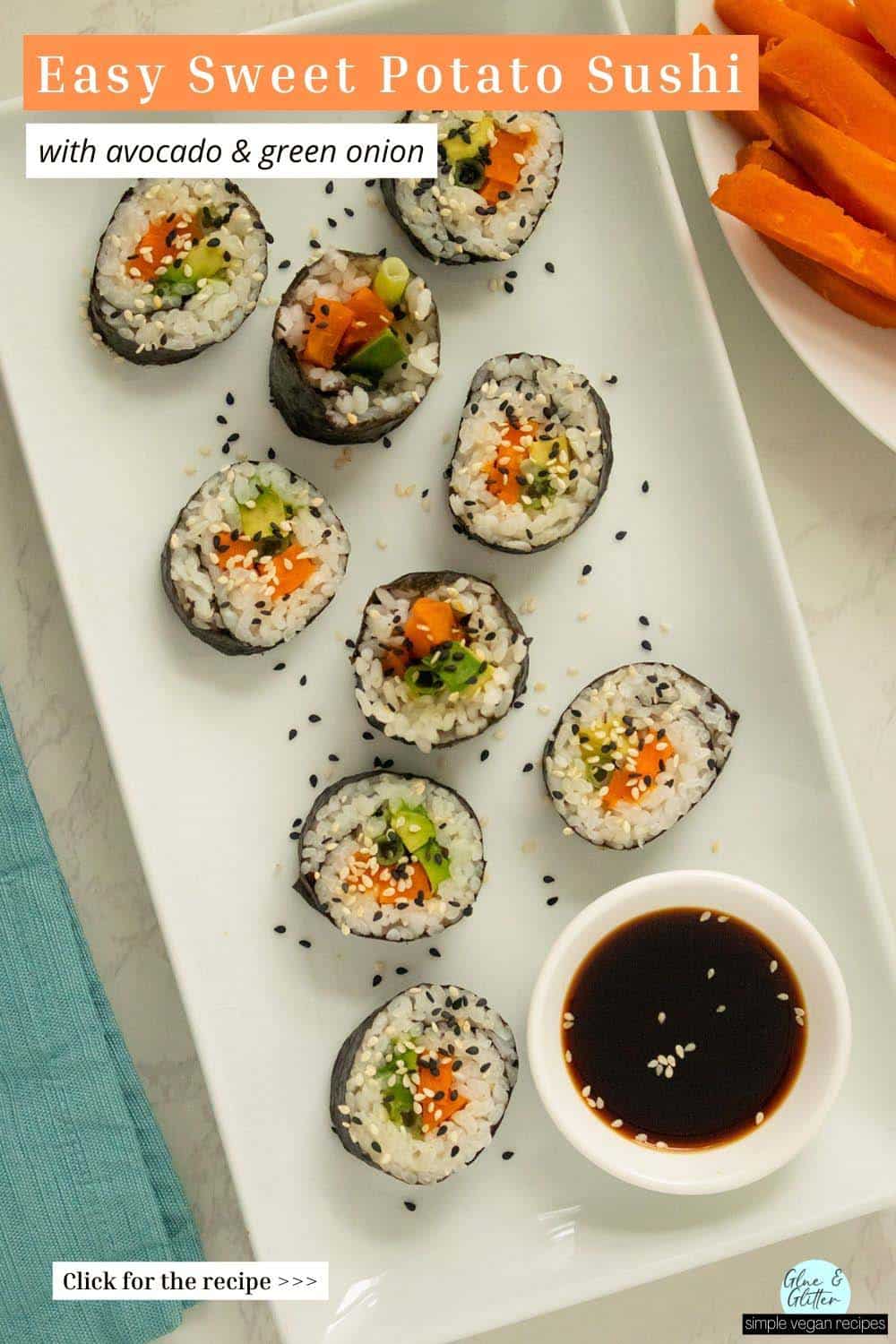 sweet potato sushi on a white plate with sesame seeds and soy sauce, title text overlay