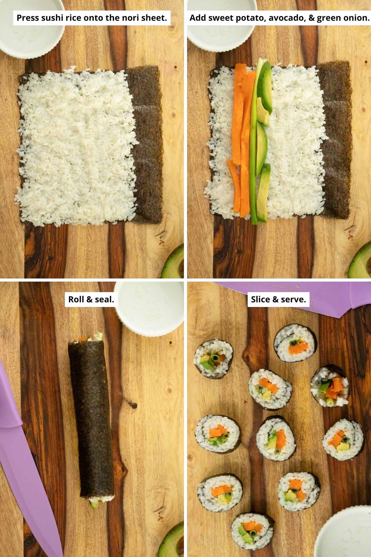 image collage showing the rice pressed onto a nori sheet, adding the sweet potato and other fillings, the rolled sushi before slicing, and the sliced sushi on the cutting board