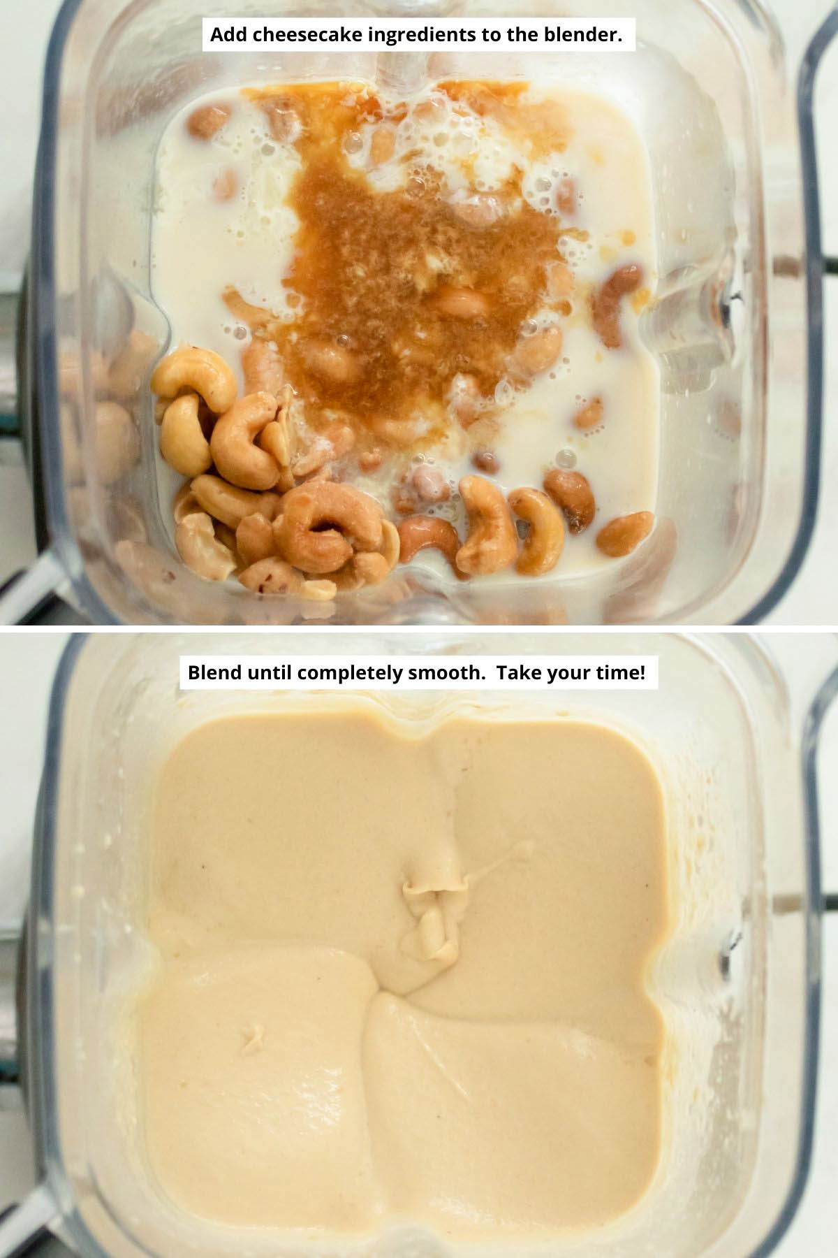 image collage showing the cashew cheesecake ingredients in the blender before and after blending