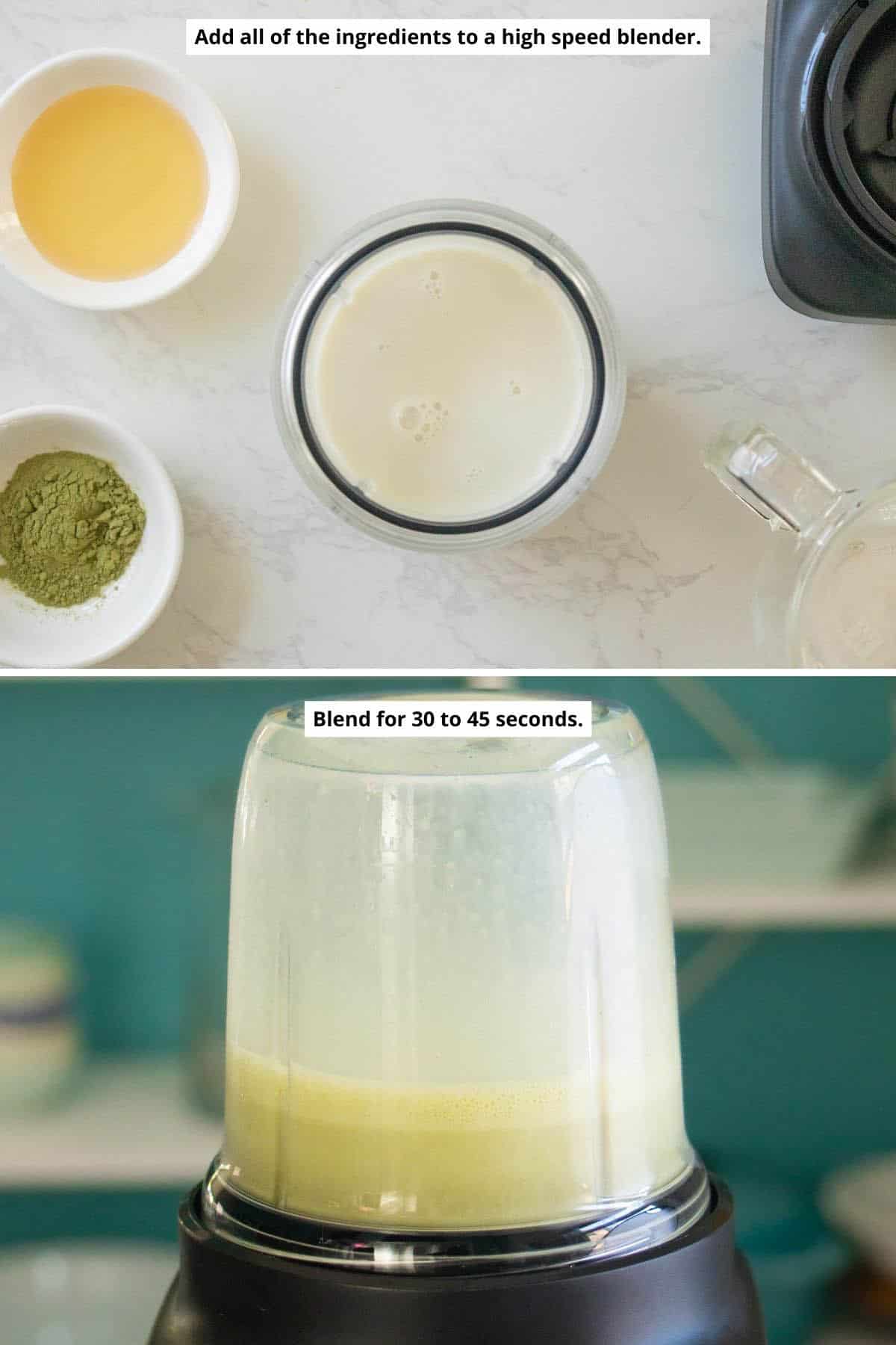 image collage showing the matcha latte ingredients about to go into the blender and in the blender after blending