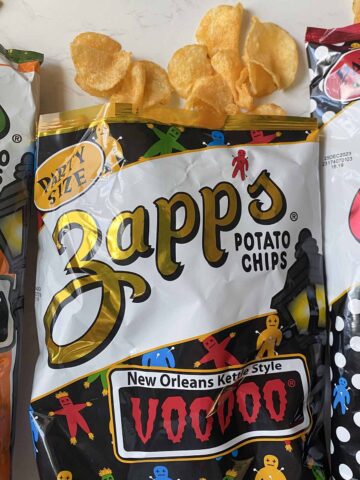 bag of Zapp's Voodoo chips with chips spilling out, so you can see what they look like