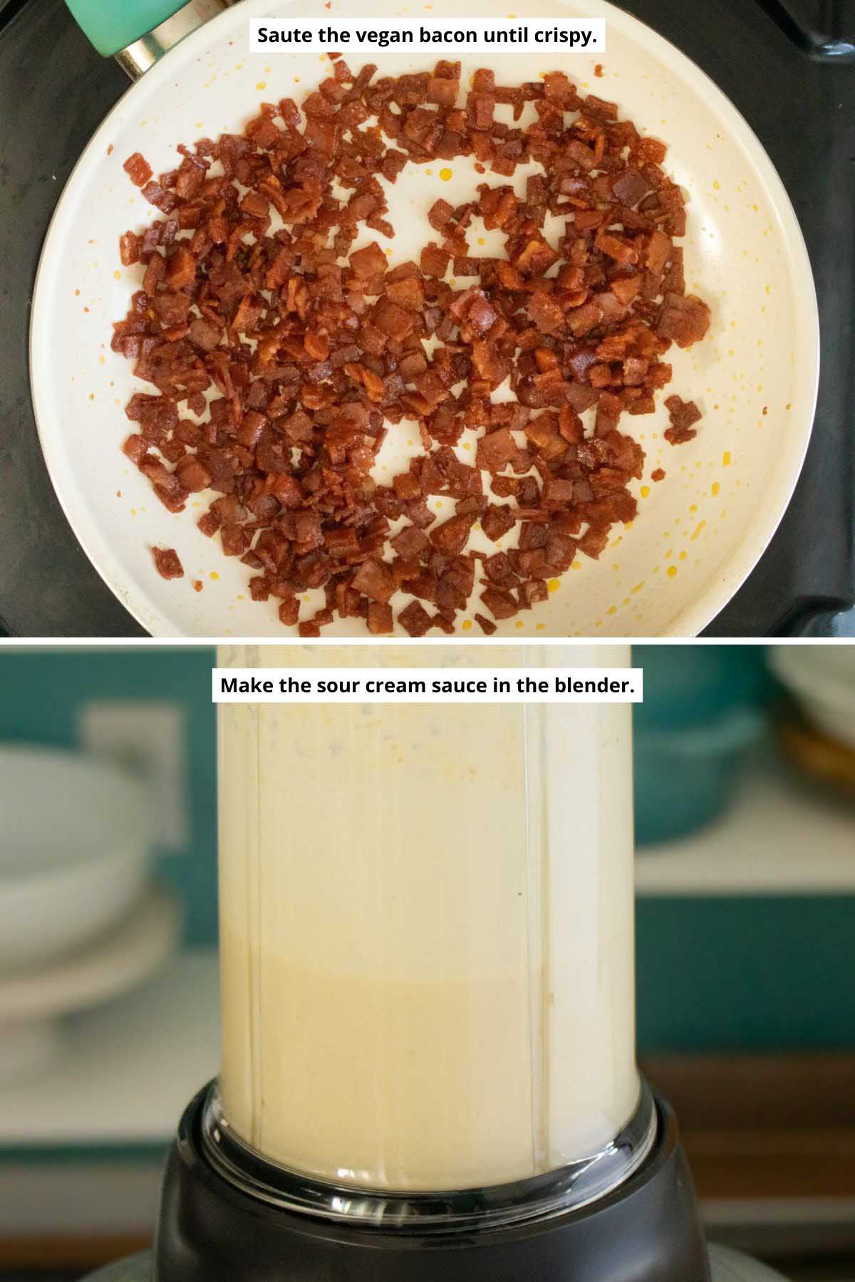 cooked vegan bacon pieces in a frying pan, cream sauce in the blender after blending